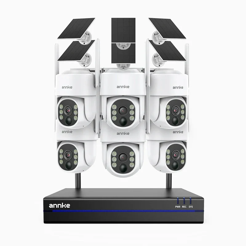 WBS400 - Kit vidéo surveillance sans fil 4MP à 8 canaux avec 6 caméras, WiFi Bi-Bande, Pan 270° & Tilt 90°, Batterie 9000 mAh & Panneau Solaire, Détection de Mouvement, Audio Bidirectionnel