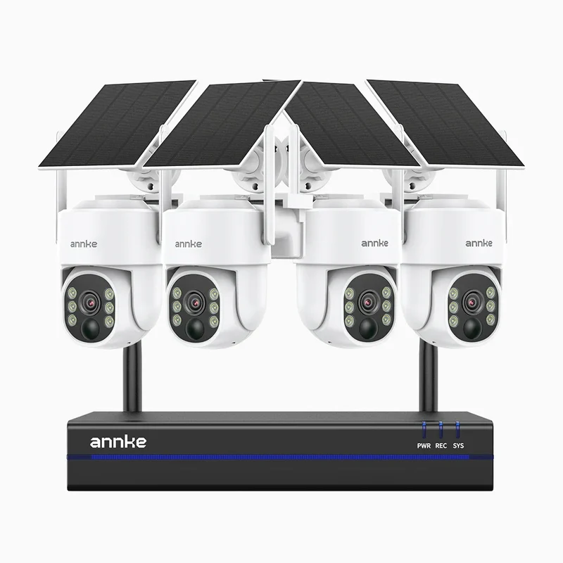 WBS400 - Kit vidéo surveillance sans fil 4MP à 8 canaux avec 4 caméras, WiFi Bi-Bande, Pan 270° & Tilt 90°, Batterie 9000 mAh & Panneau Solaire, Détection de Mouvement, Audio Bidirectionnel