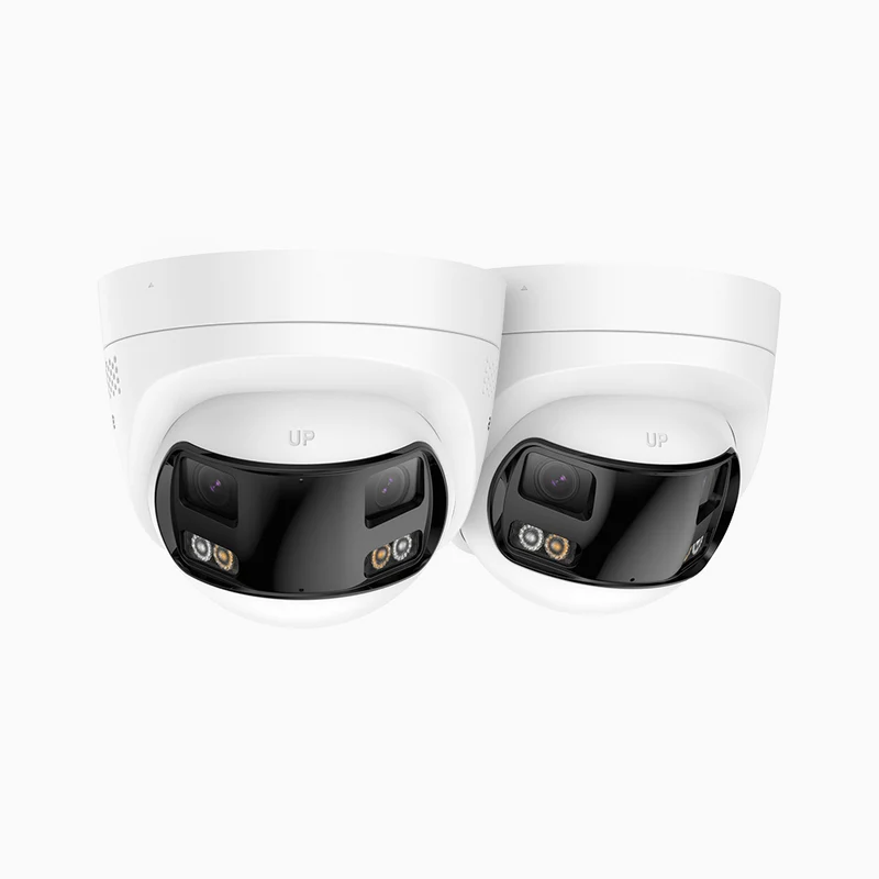 FCD600 - Lot de 2 Caméra de sécurité extérieure panoramique PoE 6MP, double objectif, ultra grand angle 180°, super ouverture f/1.2, capteur BSI, micro intégré, sirène et alarme actives