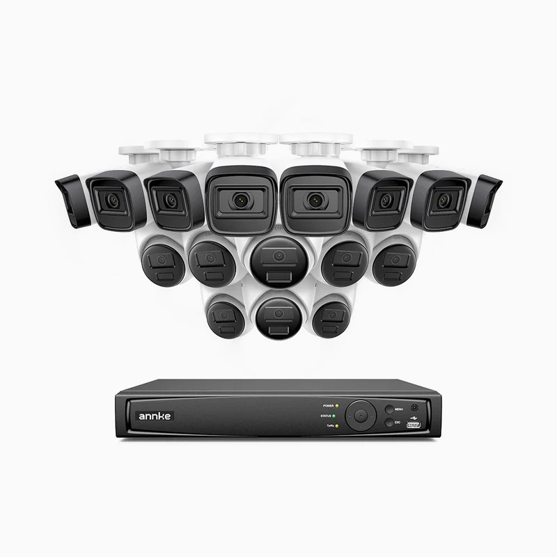 H300 - Kit de surveillance PoE 3MP à 16 canaux avec 8 caméra bullet et 8 caméras tourelle, vision nocturne EXIR 2.0, détection de mouvement, H.265+, étanchéité IP67