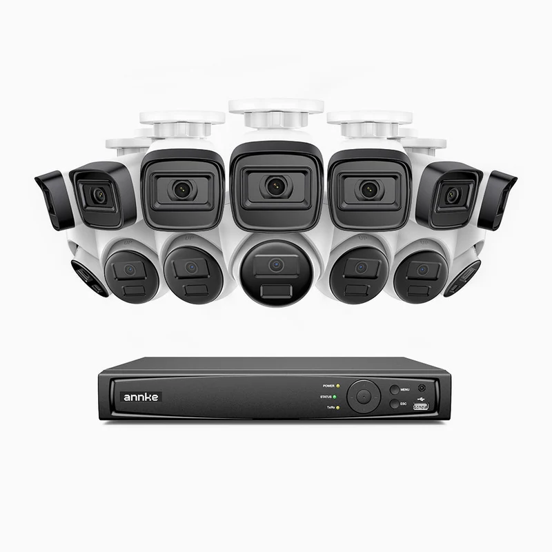 H300 - Kit de surveillance PoE 3MP à 16 canaux avec 7 caméra bullet et 7 caméras tourelle, vision nocturne EXIR 2.0, détection de mouvement, H.265+, étanchéité IP67