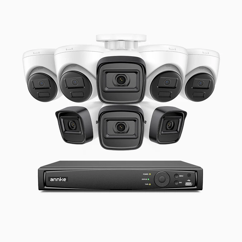 H300 - Kit de surveillance PoE 3MP à 16 canaux avec 4 caméra bullet et 4 caméras tourelle, vision nocturne EXIR 2.0, détection de mouvement, H.265+, étanchéité IP67