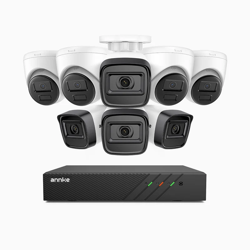 H300 - Kit de surveillance PoE 3MP à 8 canaux avec 4 caméra bullet et 4 caméras tourelle, vision nocturne EXIR 2.0, détection de mouvement, H.265+, étanchéité IP67