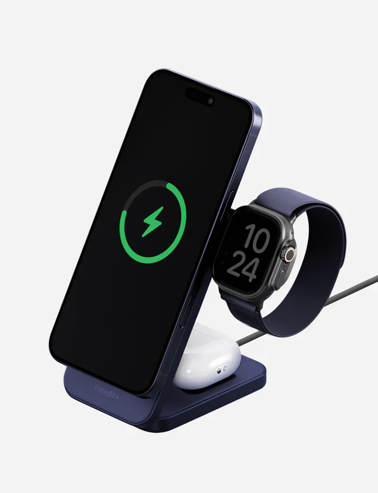 Energea MagTrio 2 Qi2 25W certified 3-In-1 Wireless Charging Stand - Blue
