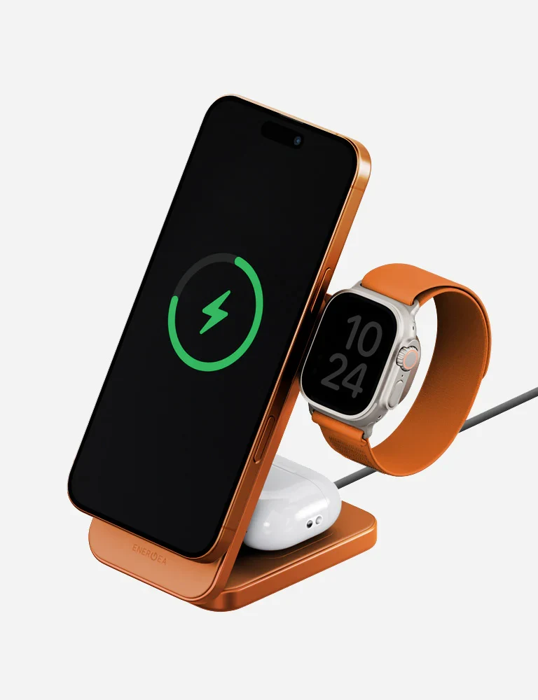 Energea MagTrio 2 Qi2 25W certified 3-In-1 Wireless Charging Stand - Orange
