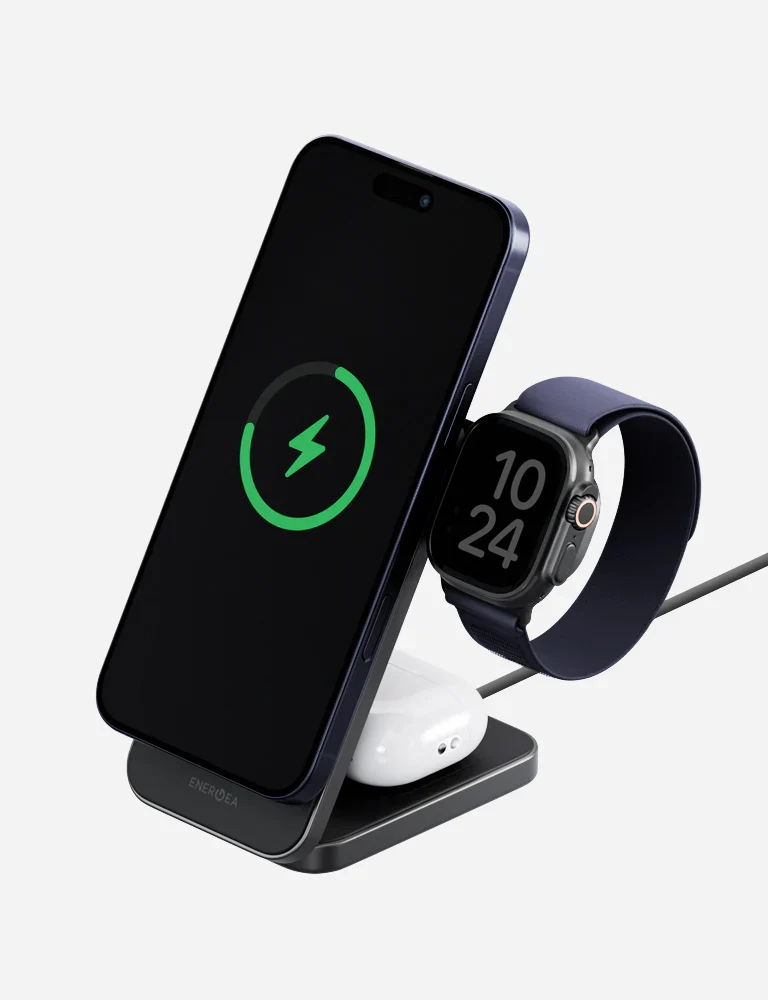 Energea MagTrio 2 Qi2 25W certified 3-In-1 Wireless Charging Stand - Gun Metal