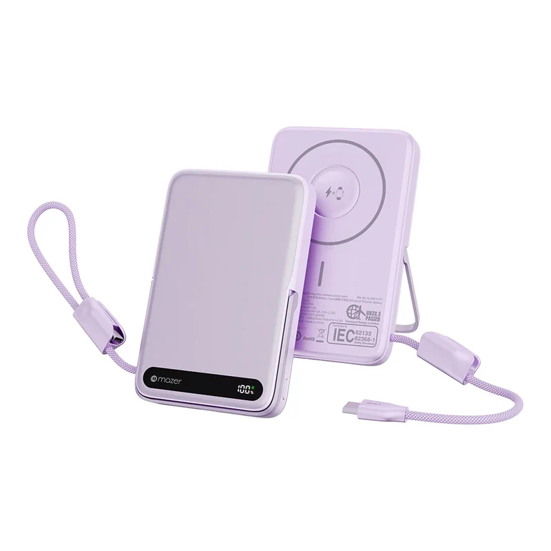 Mazer M-MagLink19 10kmAh PD27W CCC Power Bank with Built-in Stand and Cable – Lavender