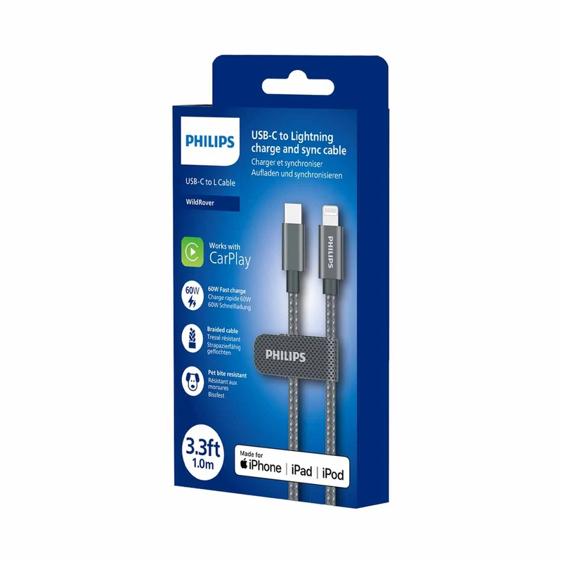 Philips DLC5030L USB-C to Lightning Cable 1M Black Braided 480 Mbps