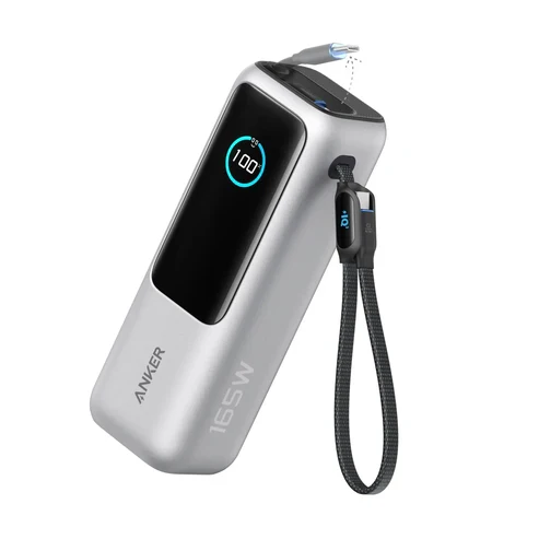Anker Power Bank 25000mAh 165W Ultra-Fast Portable Charger with Built-In and Retractable USB C Cables (Silver)
