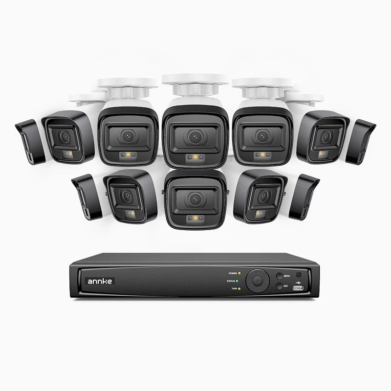 H500 - Kit de surveillance PoE 5MP à 16 canaux avec 12 caméras, Vision nocturne intelligente à double éclairage, 3072 × 1728 à 20 ips, détection intelligente des personnes et des véhicules, microphone intégré, IP67