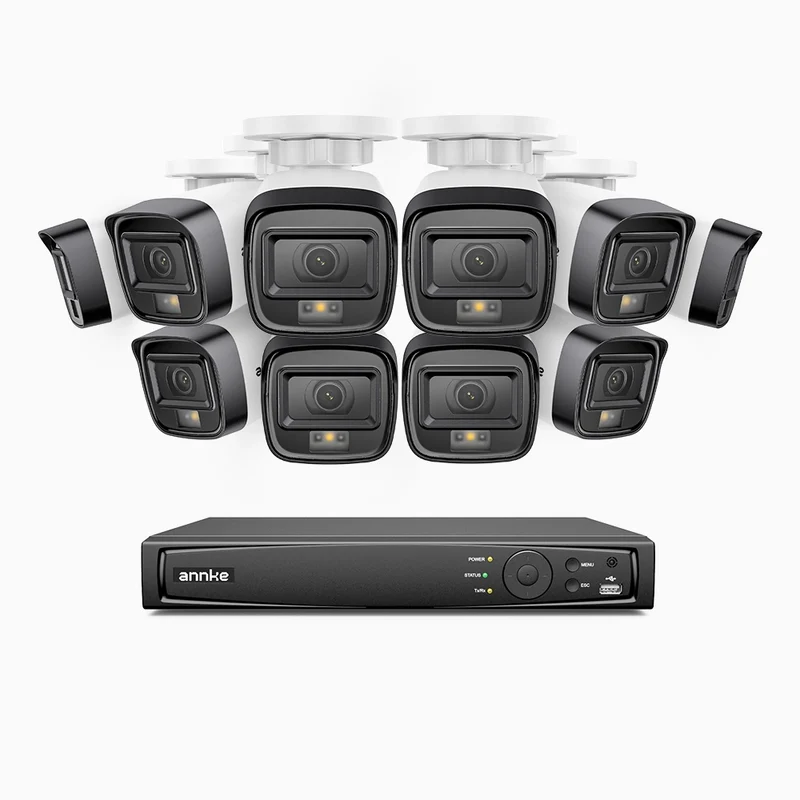 H500 - Kit de surveillance PoE 5MP à 16 canaux avec 10 caméras, Vision nocturne intelligente à double éclairage, 3072 × 1728 à 20 ips, détection intelligente des personnes et des véhicules, microphone intégré, IP67