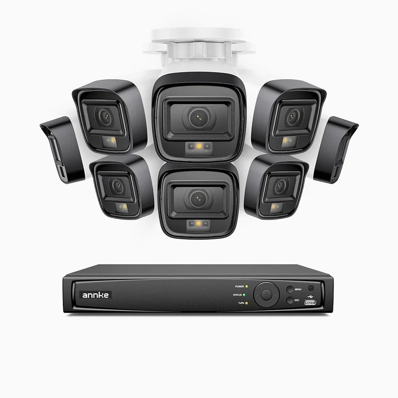 H500 - Kit de surveillance PoE 5MP à 16 canaux avec 8 caméras, Vision nocturne intelligente à double éclairage, 3072 × 1728 à 20 ips, détection intelligente des personnes et des véhicules, microphone intégré, IP67