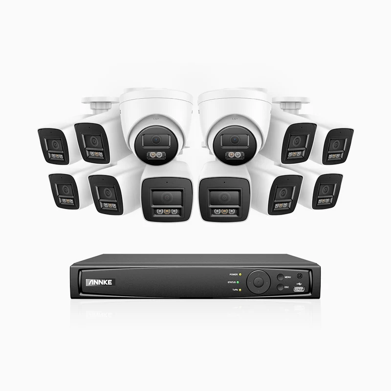 H800 - Kit de surveillance PoE 4K à 16 canaux avec 10 caméras bullet et 2 caméras tourelle, vision nocturne en couleur et infrarouge, Détection de personnes et de véhicules, Microphone intégré, Champ de vision de 96°, RTSP et ONVIF pris en charge