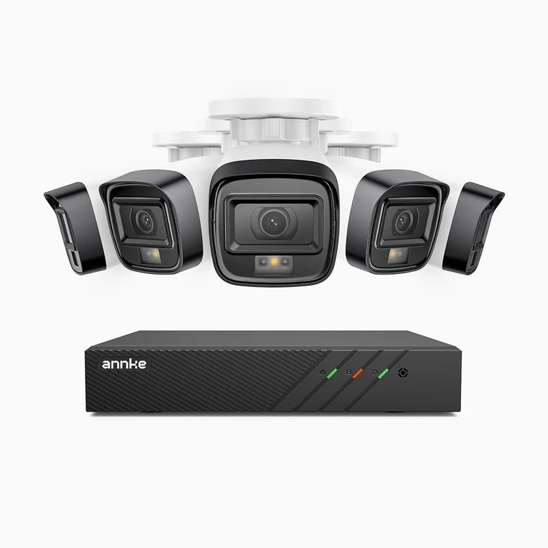 H500 - Kit de surveillance PoE 5MP à 8 canaux avec 5 caméras, Vision nocturne intelligente à double éclairage, 3072 × 1728 à 20 ips, détection intelligente des personnes et des véhicules, microphone intégré, IP67