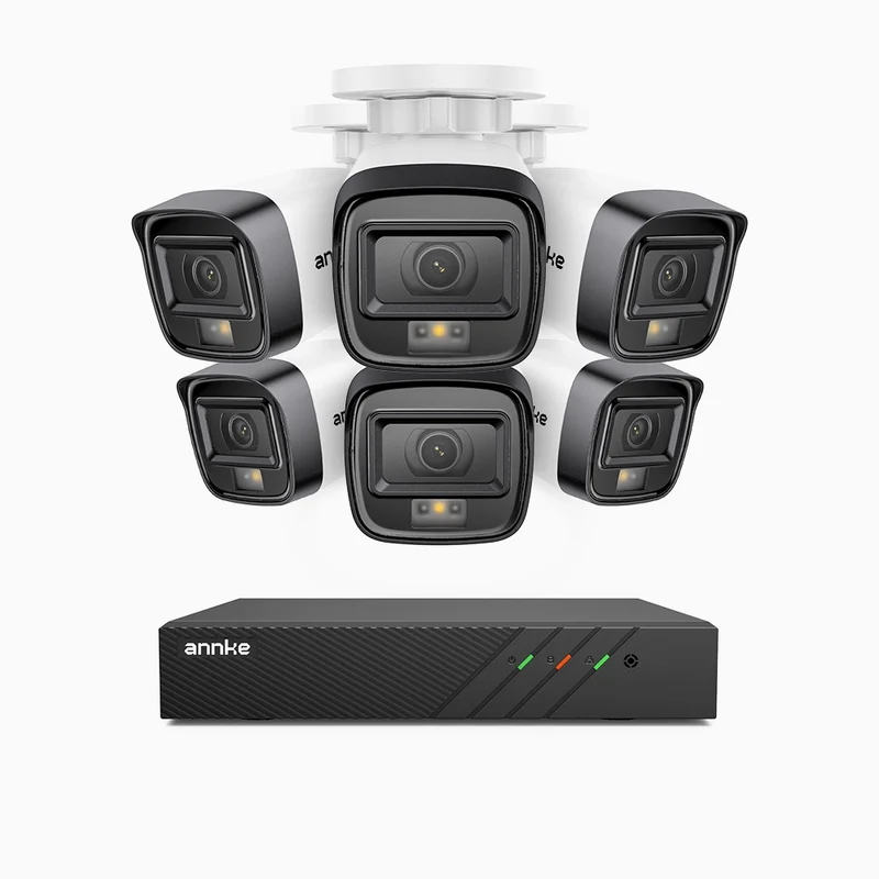 H500 - Kit de surveillance PoE 5MP à 8 canaux avec 6 caméras, Vision nocturne intelligente à double éclairage, 3072 × 1728 à 20 ips, détection intelligente des personnes et des véhicules, microphone intégré, IP67