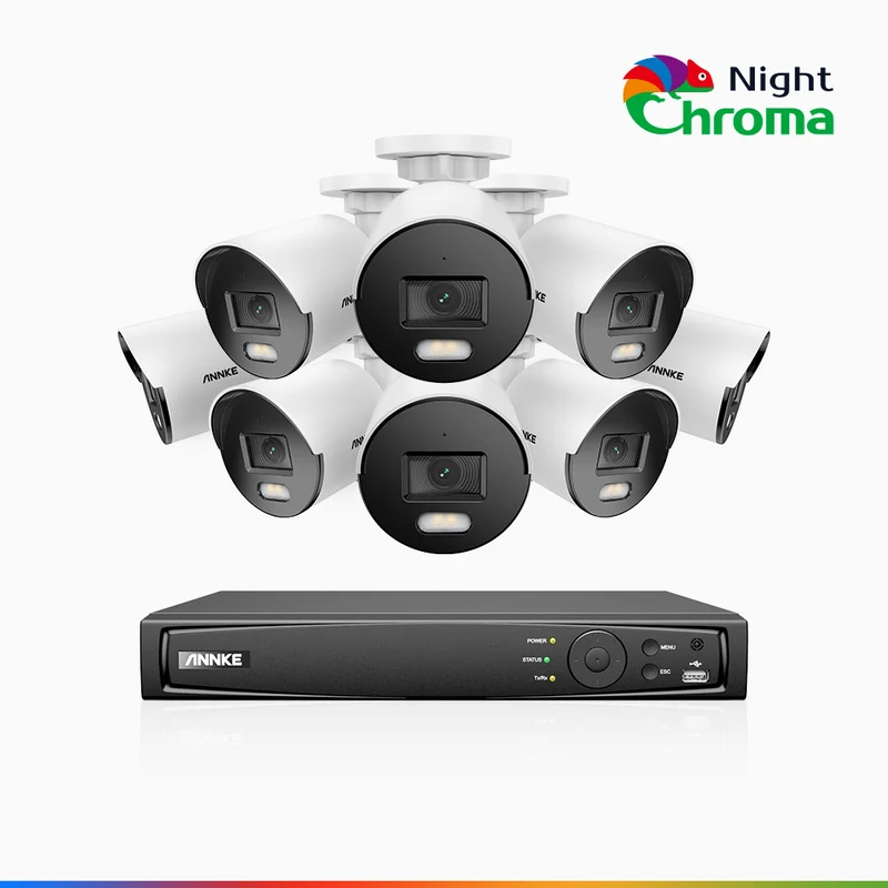 NightChroma TM NCK500 - Kit de surveillance PoE 3K à 8 canaux avec 8 caméras, vision nocturne polychrome, f/1.0 Super ouverture (0,001 Lux), Alignement actif, Microphone intégré, Fente pour carte SD