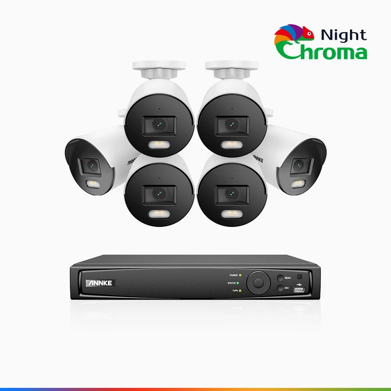 NightChroma TM NCK500 - Kit de surveillance PoE 3K à 8 canaux avec 6 caméras, vision nocturne polychrome, f/1.0 Super ouverture (0,001 Lux), Alignement actif, Microphone intégré, Fente pour carte SD