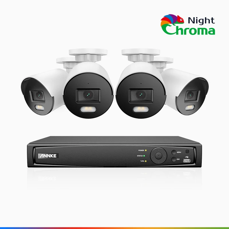 NightChroma TM NCK500 - Kit de surveillance PoE 3K à 8 canaux avec 4 caméras, vision nocturne polychrome, f/1.0 Super ouverture (0,001 Lux), Alignement actif, Microphone intégré, Fente pour carte SD