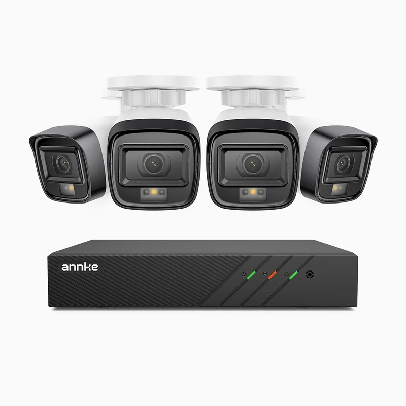 H500 - Kit de surveillance PoE 5MP à 8 canaux avec 4 caméras, Vision nocturne intelligente à double éclairage, 3072 × 1728 à 20 ips, détection intelligente des personnes et des véhicules, microphone intégré, IP67
