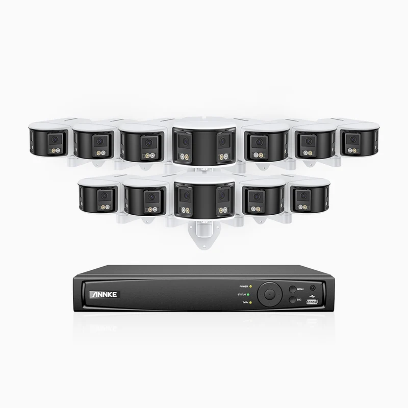FDH600 - Kit de surveillance PoE 6MP à 16 canaux avec 12 caméras, double objectif, ultra grand angle 180°, super ouverture f/1.2, micro intégré, sirène et alarme actives, Détection Intelligente de Mouvement