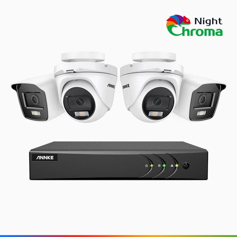 NightChroma TM NAK200 - Kit de surveillance 2MP à 4 canaux avec 2 caméra bullet et 2 caméra tourelle, vision nocturne polychrome Acme (0.0005 Lux)