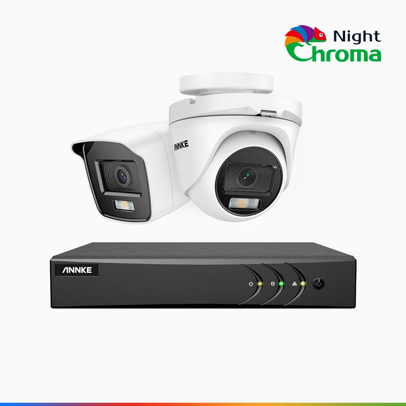 NightChroma TM NAK200 - Kit de surveillance 2MP à 4 canaux avec 1 caméra bullet et 1 caméra tourelle, vision nocturne polychrome Acme (0.0005 Lux)