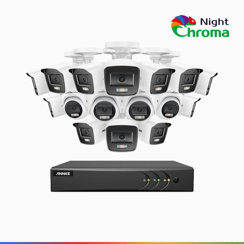 NightChroma TM NAK200 - Kit de surveillance 2MP à 16 canaux avec 12 caméras bullet et 4 caméras tourelle, vision nocturne polychrome Acme (0.0005 Lux)