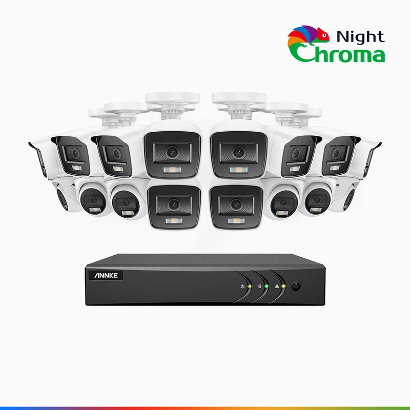 NightChroma TM NAK200 - Kit de surveillance 2MP à 16 canaux avec 10 caméras bullet et 6 caméras tourelle, vision nocturne polychrome Acme (0.0005 Lux)