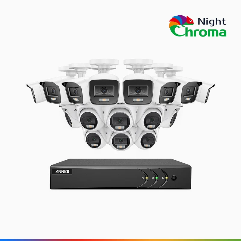 NightChroma TM NAK200 - Kit de surveillance 2MP à 16 canaux avec 8 caméras bullet et 8 caméras tourelle, vision nocturne polychrome Acme (0.0005 Lux)