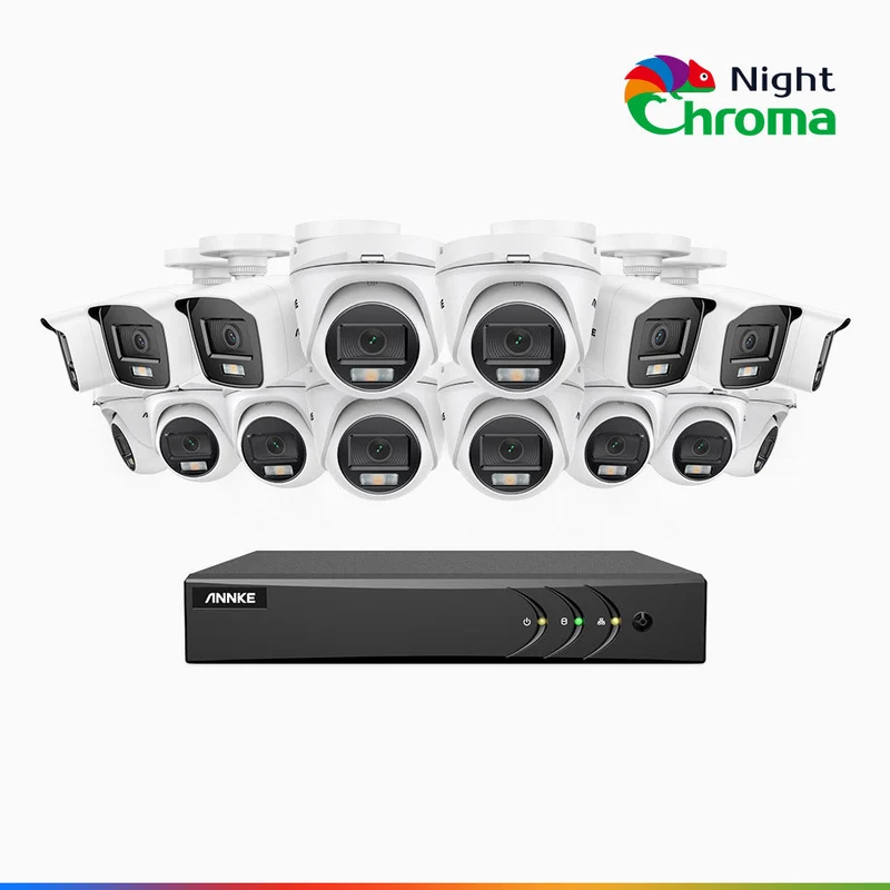 NightChroma TM NAK200 - Kit de surveillance 2MP à 16 canaux avec 6 caméras bullet et 10 caméras tourelle, vision nocturne polychrome Acme (0.0005 Lux)