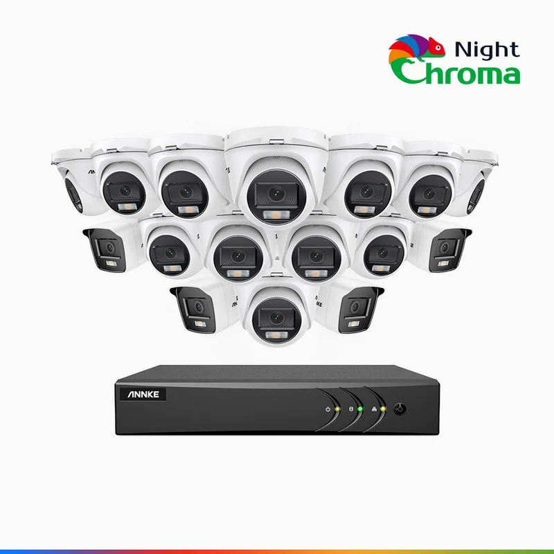NightChroma TM NAK200 - Kit de surveillance 2MP à 16 canaux avec 4 caméras bullet et 12 caméras tourelle, vision nocturne polychrome Acme (0.0005 Lux)