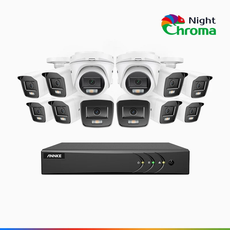 NightChroma TM NAK200 - Kit de surveillance 2MP à 16 canaux avec 10 caméras bullet et 2 caméras tourelle, vision nocturne polychrome Acme (0.0005 Lux)