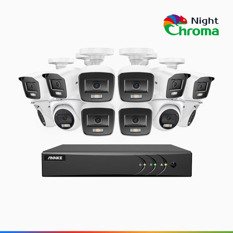NightChroma TM NAK200 - Kit de surveillance 2MP à 16 canaux avec 8 caméras bullet et 4 caméras tourelle, vision nocturne polychrome Acme (0.0005 Lux)