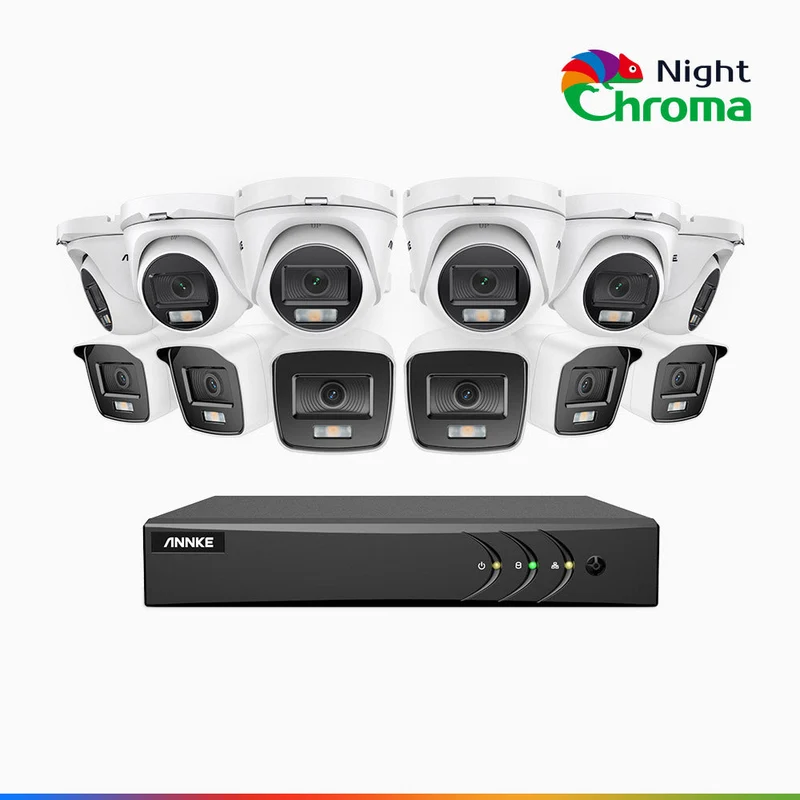 NightChroma TM NAK200 - Kit de surveillance 2MP à 16 canaux avec 6 caméras bullet et 6 caméras tourelle, vision nocturne polychrome Acme (0.0005 Lux)