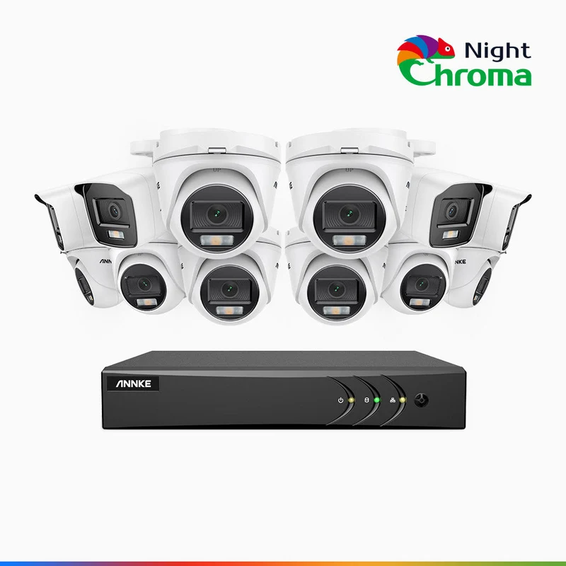 NightChroma TM NAK200 - Kit de surveillance 2MP à 16 canaux avec 4 caméras bullet et 8 caméras tourelle, vision nocturne polychrome Acme (0.0005 Lux)