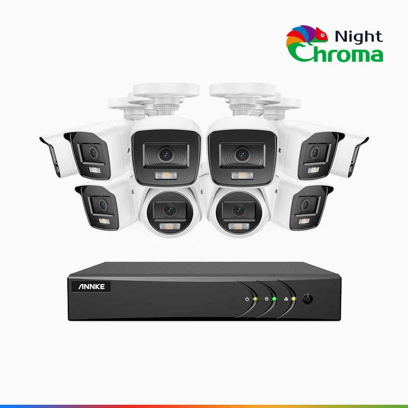 NightChroma TM NAK200 - Kit de surveillance 2MP à 16 canaux avec 8 caméras bullet et 2 caméras tourelle, vision nocturne polychrome Acme (0.0005 Lux)