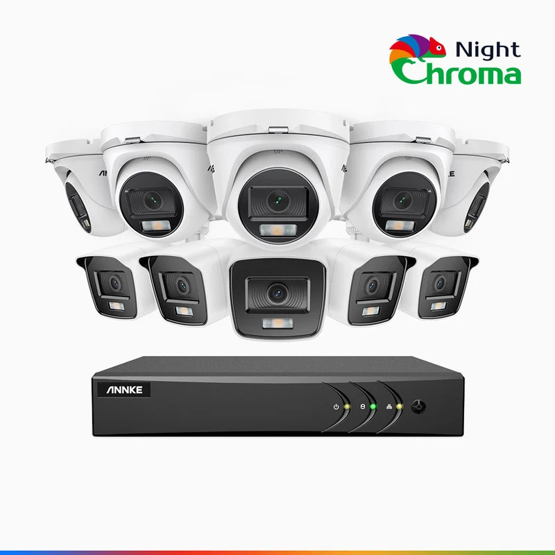 NightChroma TM NAK200 - Kit de surveillance 2MP à 16 canaux avec 5 caméras bullet et 5 caméras tourelle, vision nocturne polychrome Acme (0.0005 Lux)