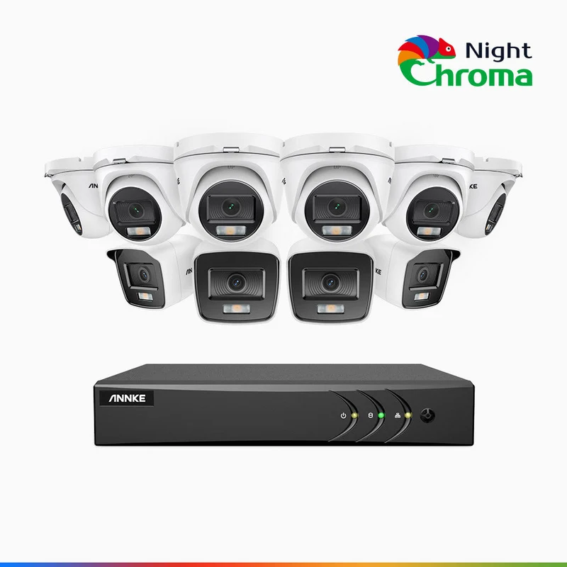 NightChroma TM NAK200 - Kit de surveillance 2MP à 16 canaux avec 4 caméras bullet et 6 caméras tourelle, vision nocturne polychrome Acme (0.0005 Lux)