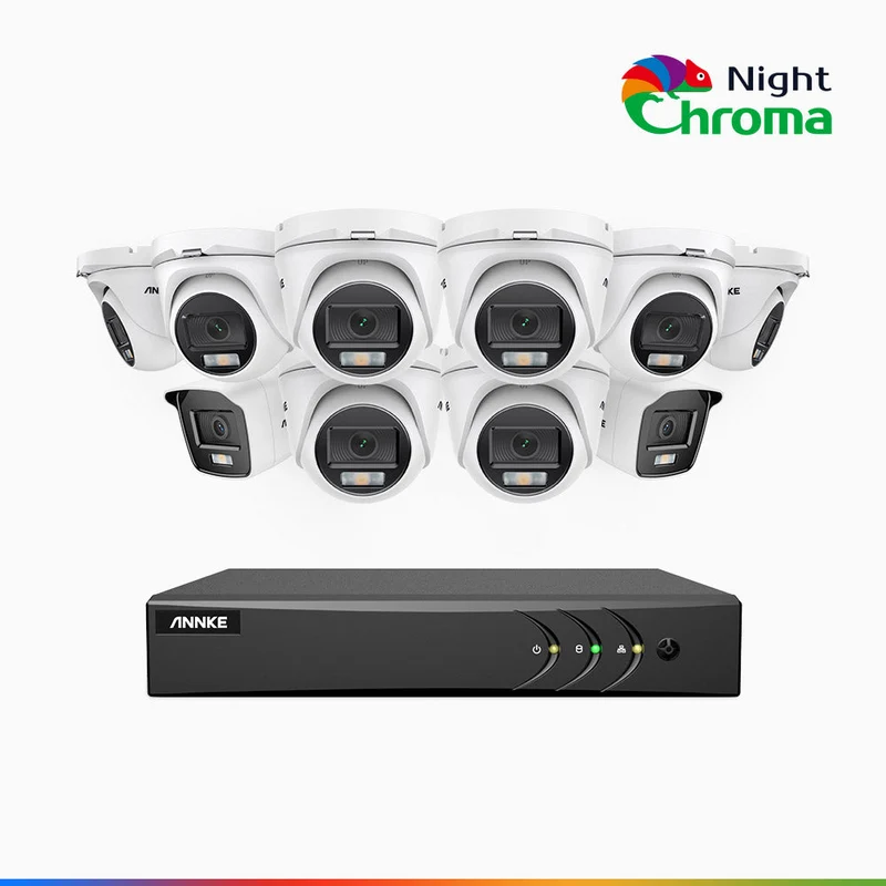 NightChroma TM NAK200 - Kit de surveillance 2MP à 16 canaux avec 2 caméras bullet et 8 caméras tourelle, vision nocturne polychrome Acme (0.0005 Lux)