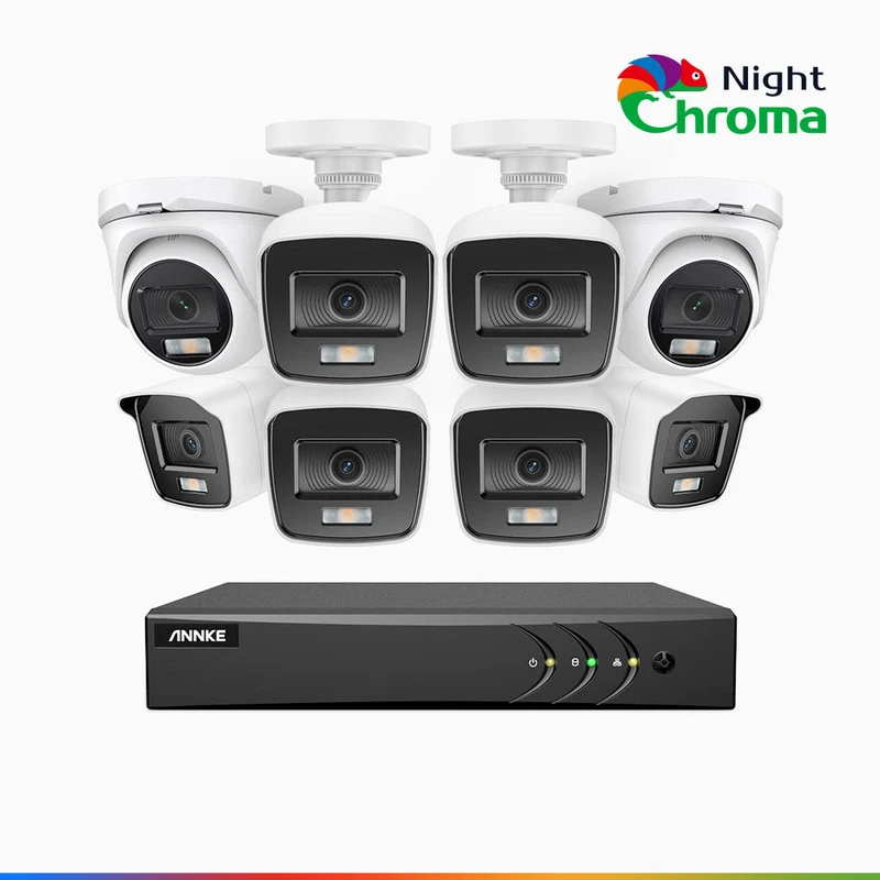 NightChroma TM NAK200 - Kit de surveillance 2MP à 16 canaux avec 6 caméras bullet et 2 caméras tourelle, vision nocturne polychrome Acme (0.0005 Lux)