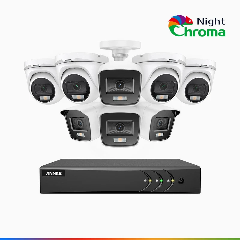 NightChroma TM NAK200 - Kit de surveillance 2MP à 16 canaux avec 4 caméras bullet et 4 caméras tourelle, vision nocturne polychrome Acme (0.0005 Lux)