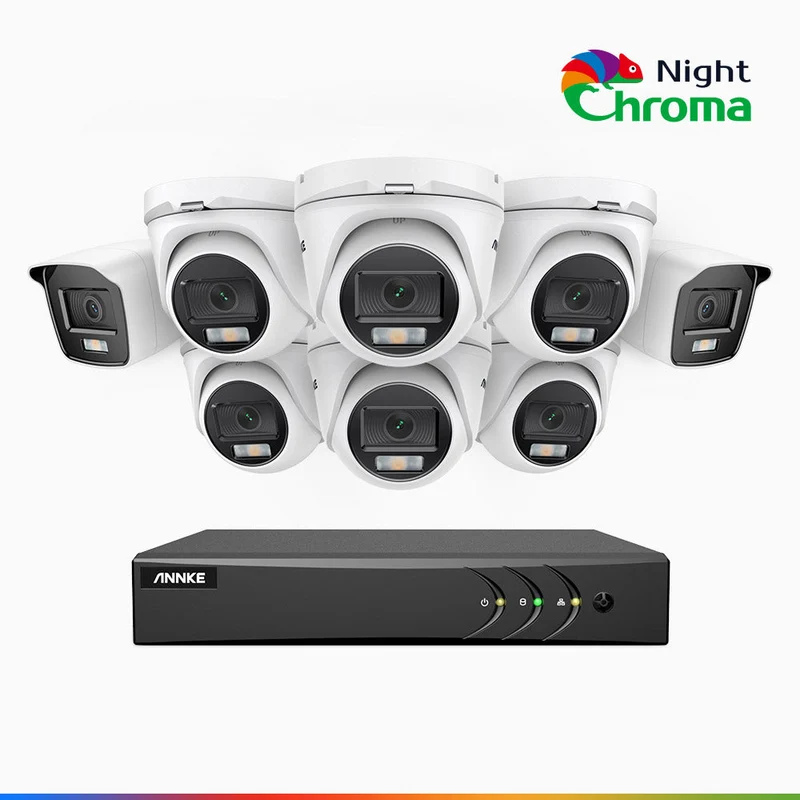 NightChroma TM NAK200 - Kit de surveillance 2MP à 16 canaux avec 2 caméras bullet et 6 caméras tourelle, vision nocturne polychrome Acme (0.0005 Lux)