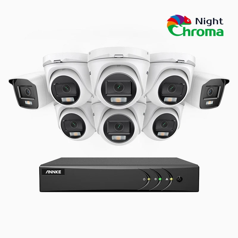 NightChroma TM NAK200 - Kit de surveillance 2MP à 8 canaux avec 2 caméras bullet et 6 caméras tourelle, vision nocturne polychrome Acme (0.0005 Lux)