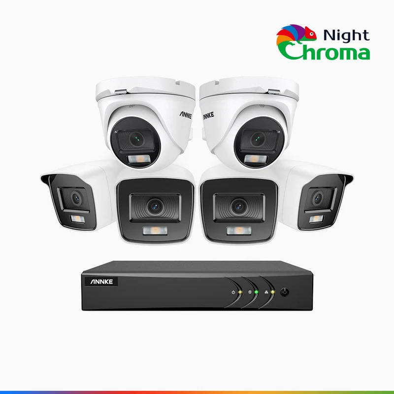 NightChroma TM NAK200 - Kit de surveillance 2MP à 8 canaux avec 4 caméras bullet et 2 caméras tourelle, vision nocturne polychrome Acme (0.0005 Lux)