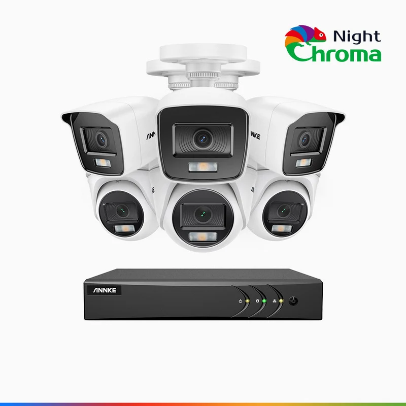 NightChroma TM NAK200 - Kit de surveillance 2MP à 8 canaux avec 3 caméras bullet et 3 caméras tourelle, vision nocturne polychrome Acme (0.0005 Lux)