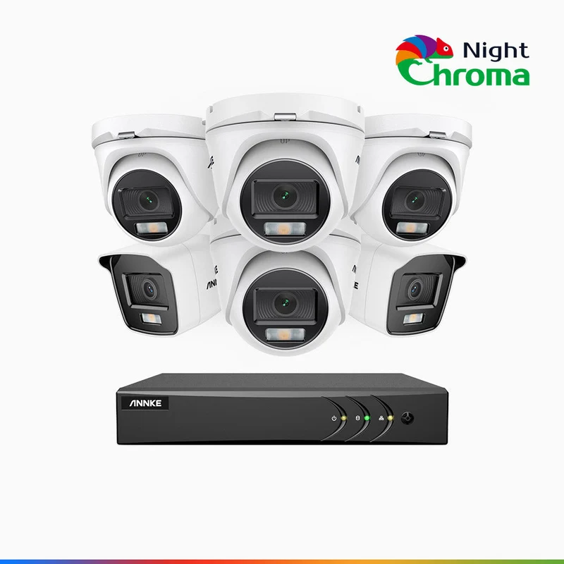 NightChroma TM NAK200 - Kit de surveillance 2MP à 8 canaux avec 2 caméras bullet et 4 caméras tourelle, vision nocturne polychrome Acme (0.0005 Lux)