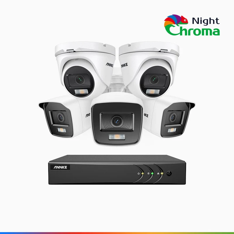 NightChroma TM NAK200 - Kit de surveillance 2MP à 8 canaux avec 3 caméras bullet et 2 caméras tourelle, vision nocturne polychrome Acme (0.0005 Lux)