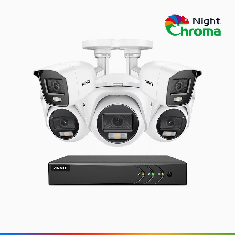 NightChroma TM NAK200 - Kit de surveillance 2MP à 8 canaux avec 2 caméras bullet et 3 caméras tourelle, vision nocturne polychrome Acme (0.0005 Lux)
