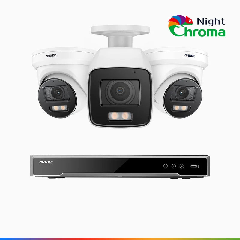 NightChroma TM NCK800 - Kit de surveillance PoE 4MP à 8 canaux avec 1 caméras bullet et 2 caméras tourelle, Vision nocturne couleur ultime, super ouverture f/1.0 (0,0005 Lux), Détection Personne-Véhicule, Analyse comportementale intelligente