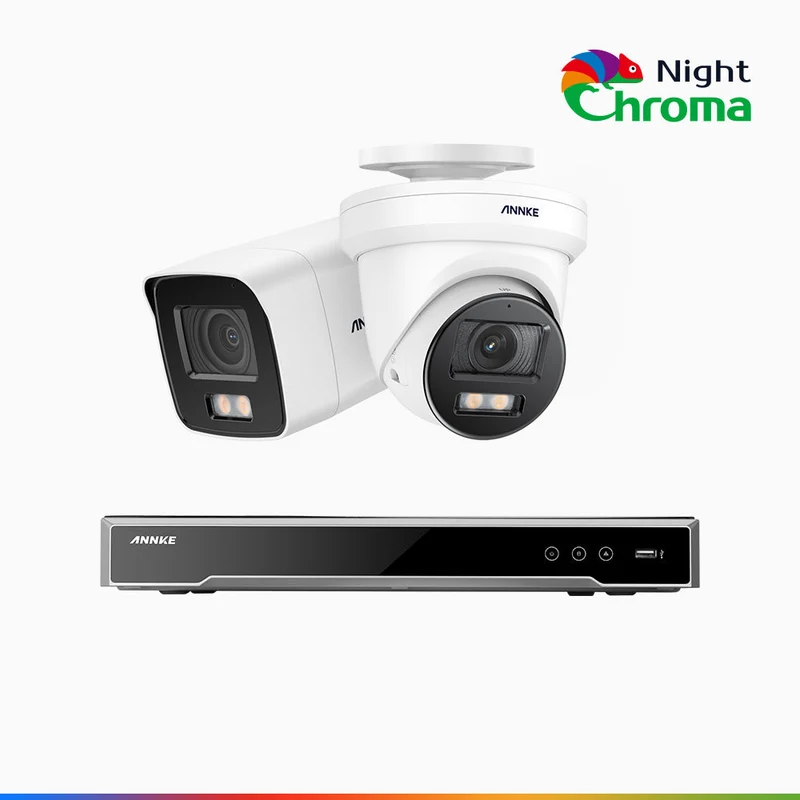 NightChroma TM NCK800 - Kit de surveillance PoE 4MP à 8 canaux avec 1 caméras bullet et 1 caméras tourelle, Vision nocturne couleur ultime, super ouverture f/1.0 (0,0005 Lux), Détection Personne-Véhicule, Analyse comportementale intelligente